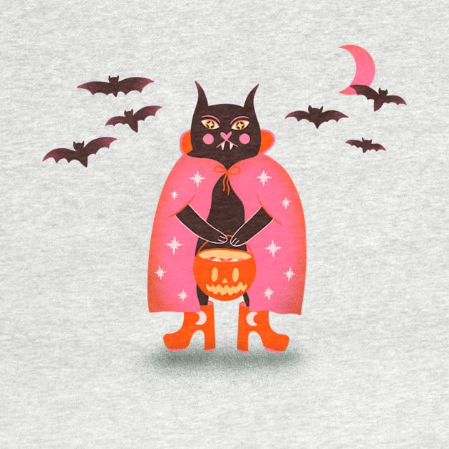 Cute black halloween cat with bats illustration by WeirdyTales